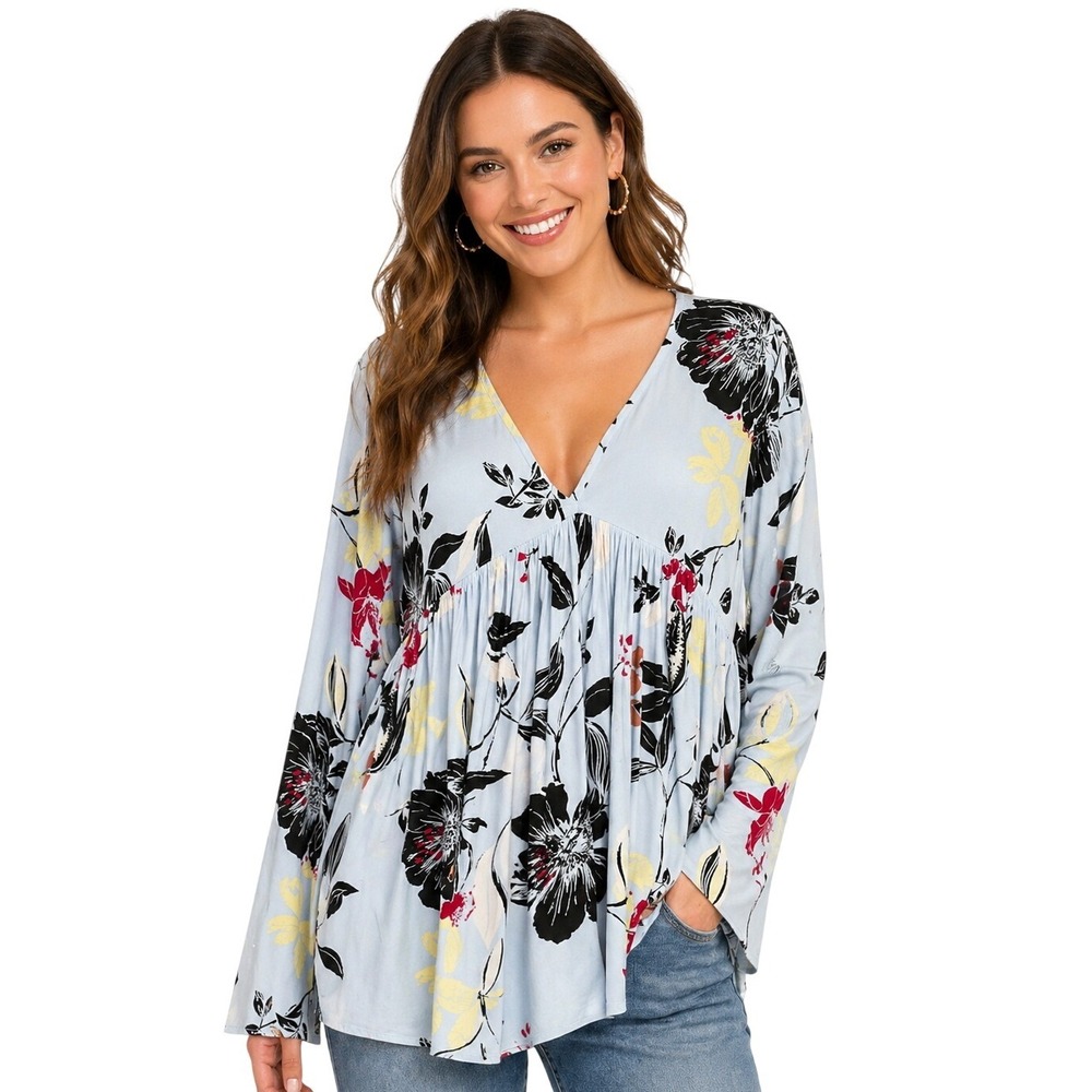 Free People Tunic Top Womens Small Blue Floral Boho Deep V-Neck Bell Sleeves
